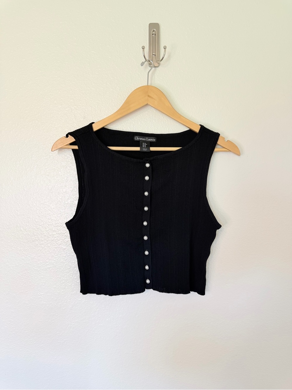 Christian Lacroix Black Ribbed Pearl-Button Crop Top